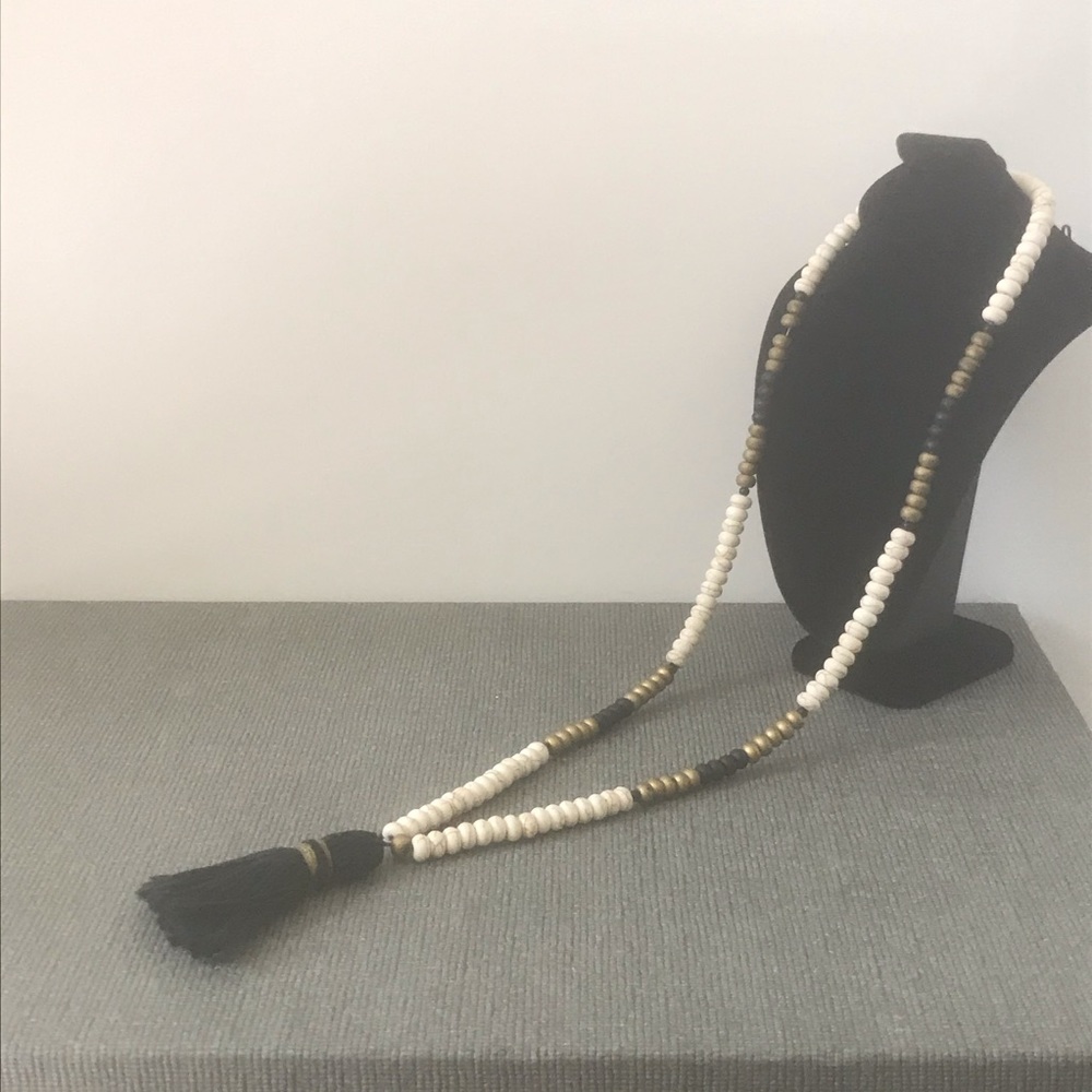 Navy blue, white and gold Beaded tassel necklace